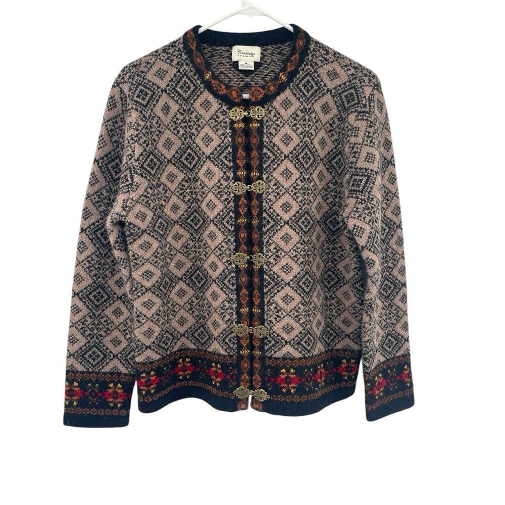 Cambridge Dry Goods Womens Sweater Size M 100% Wool Nordic Fair Isle Metal Clasp